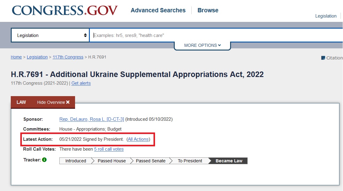 Additional Ukraine Supplemental Appropriations Act, 2022 – Passed & signed on 05-21-2022